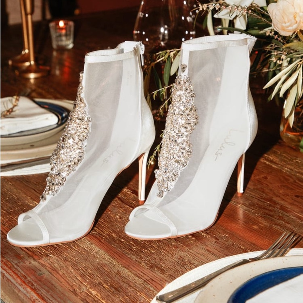 Lulus Hanakun White Satin Rhinestone Peep-Toe Booties